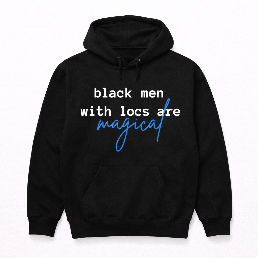 Original black BMWLA Magical Hoodie flat lay with white lettering and blue magical script